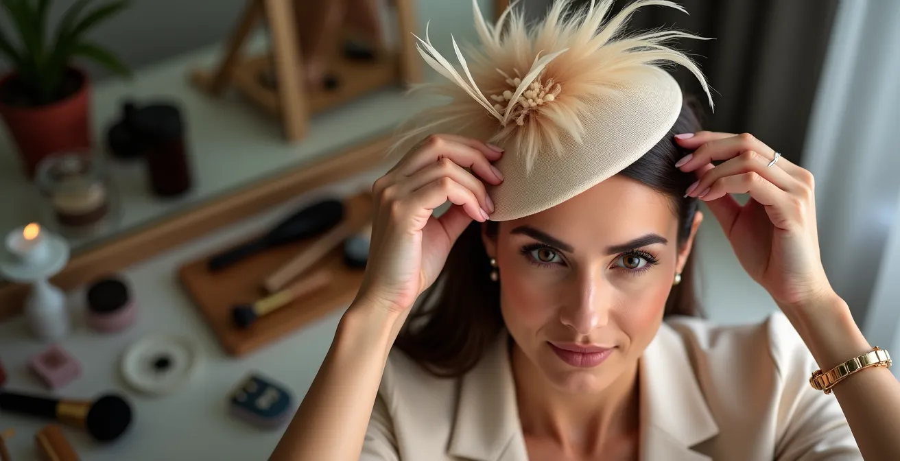 Vista superior mostrando colocación correcta del tocado ladeado a la derecha