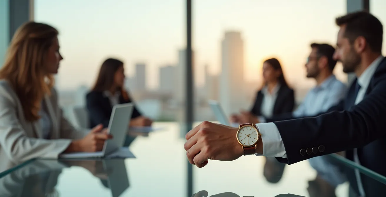 Ejecutivo con reloj de oro clásico bajo manga de camisa en ambiente de oficina