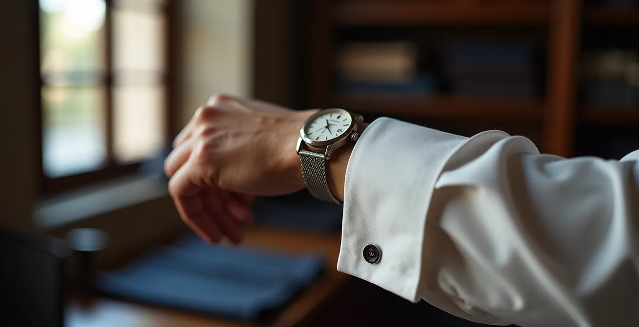 Vista lateral de reloj ultraplano deslizándose bajo puño de camisa de algodón premium con gemelos plateados