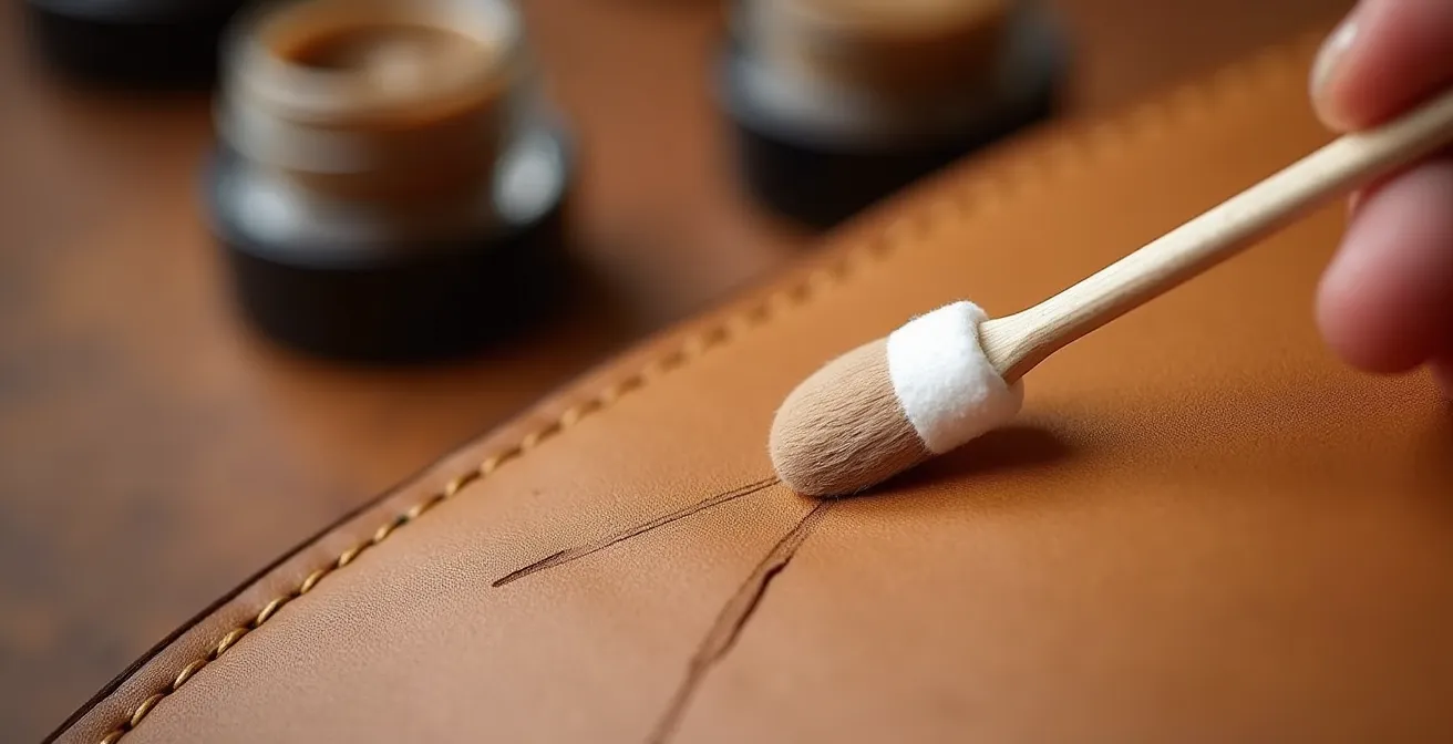 Detalle de aplicación de tinte reparador en arañazo de cuero con bastoncillo