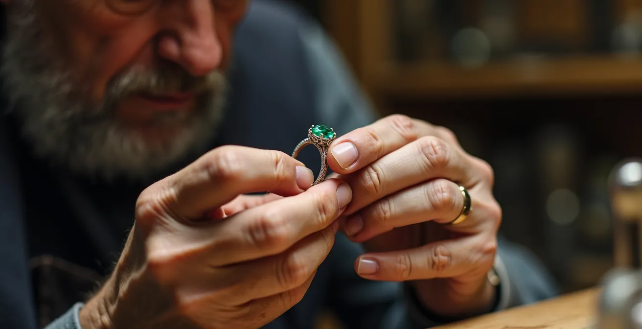 Mano de joyero examinando con lupa las garras de un anillo con piedra preciosa