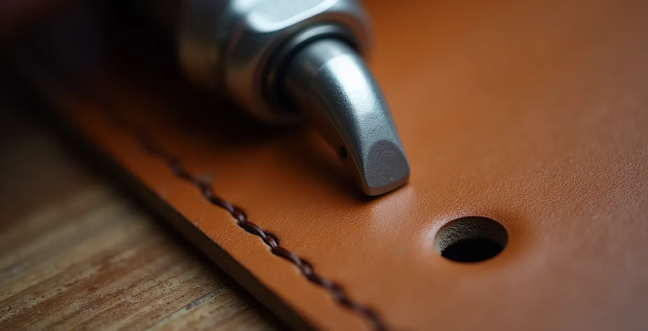 Herramienta sacabocados profesional creando agujero limpio en cinturón de cuero