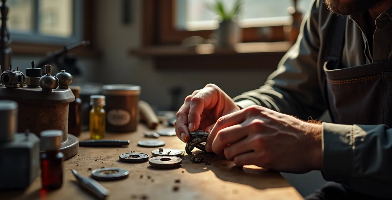 Mesa de trabajo de relojero con herramientas especializadas y movimiento desmontado para servicio