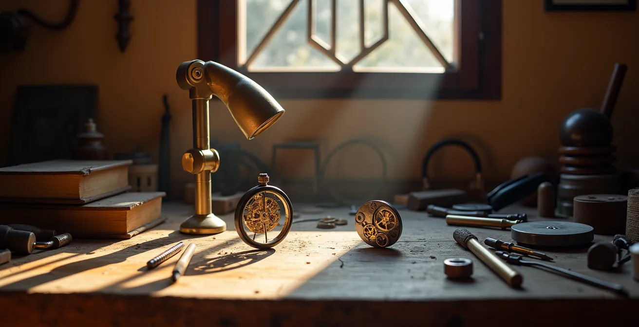 Vista amplia de banco de trabajo de relojero independiente con herramientas tradicionales