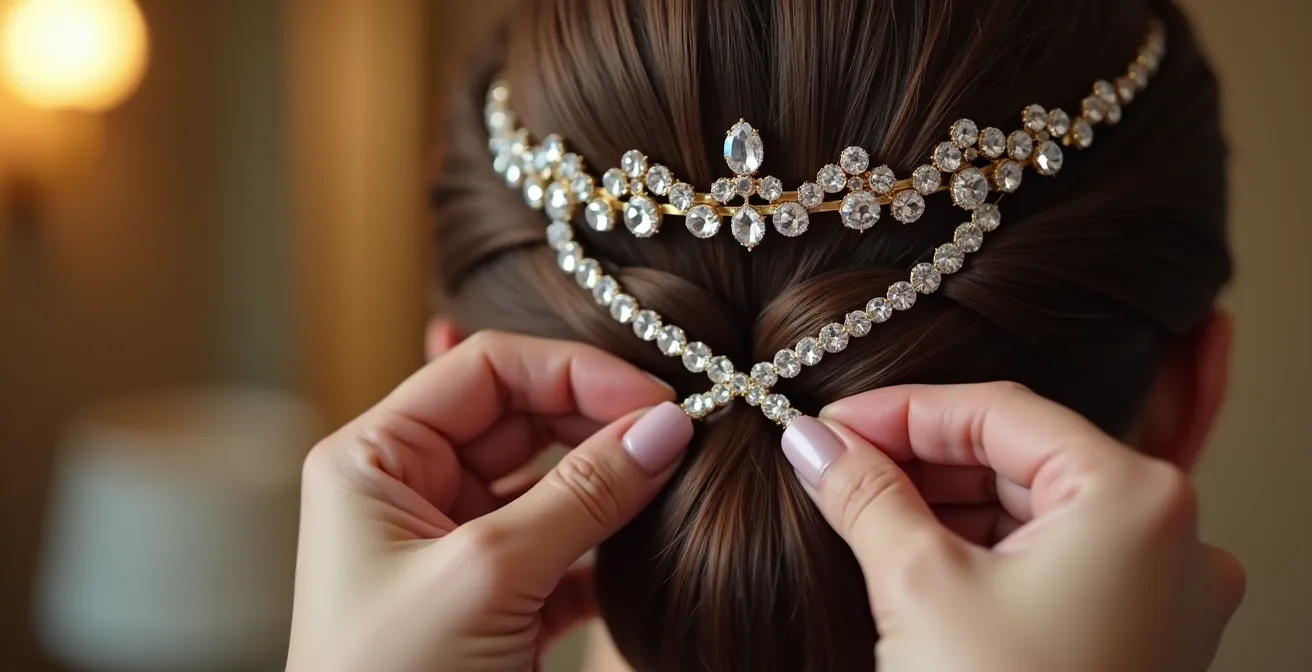 Detalle macro de manos de estilista fijando una delicada tiara en el cabello de una novia mediante una trenza de anclaje