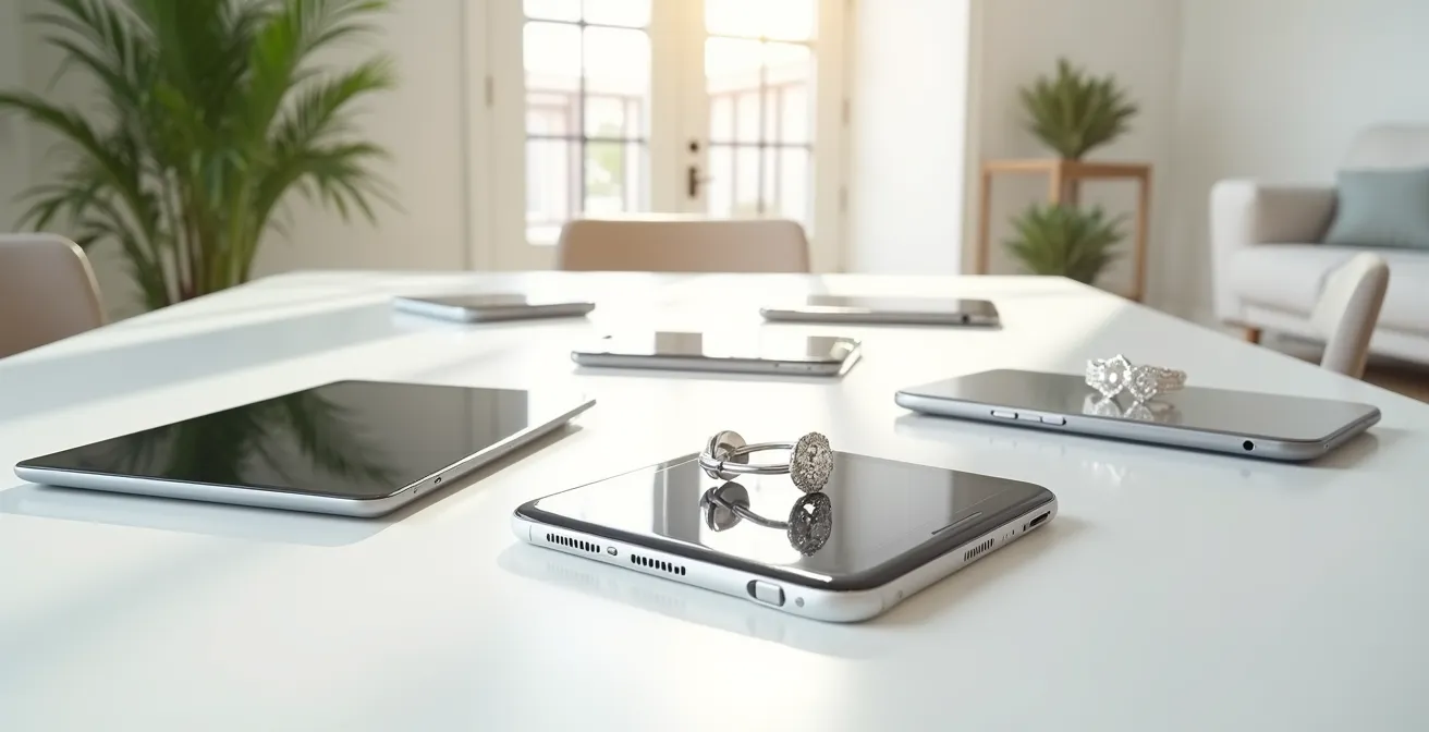 Collage visual de tendencias de joyería viral en pantallas de móviles desde diferentes ángulos