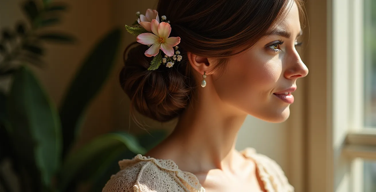 Invitada con tocado floral perfectamente integrado en recogido bajo