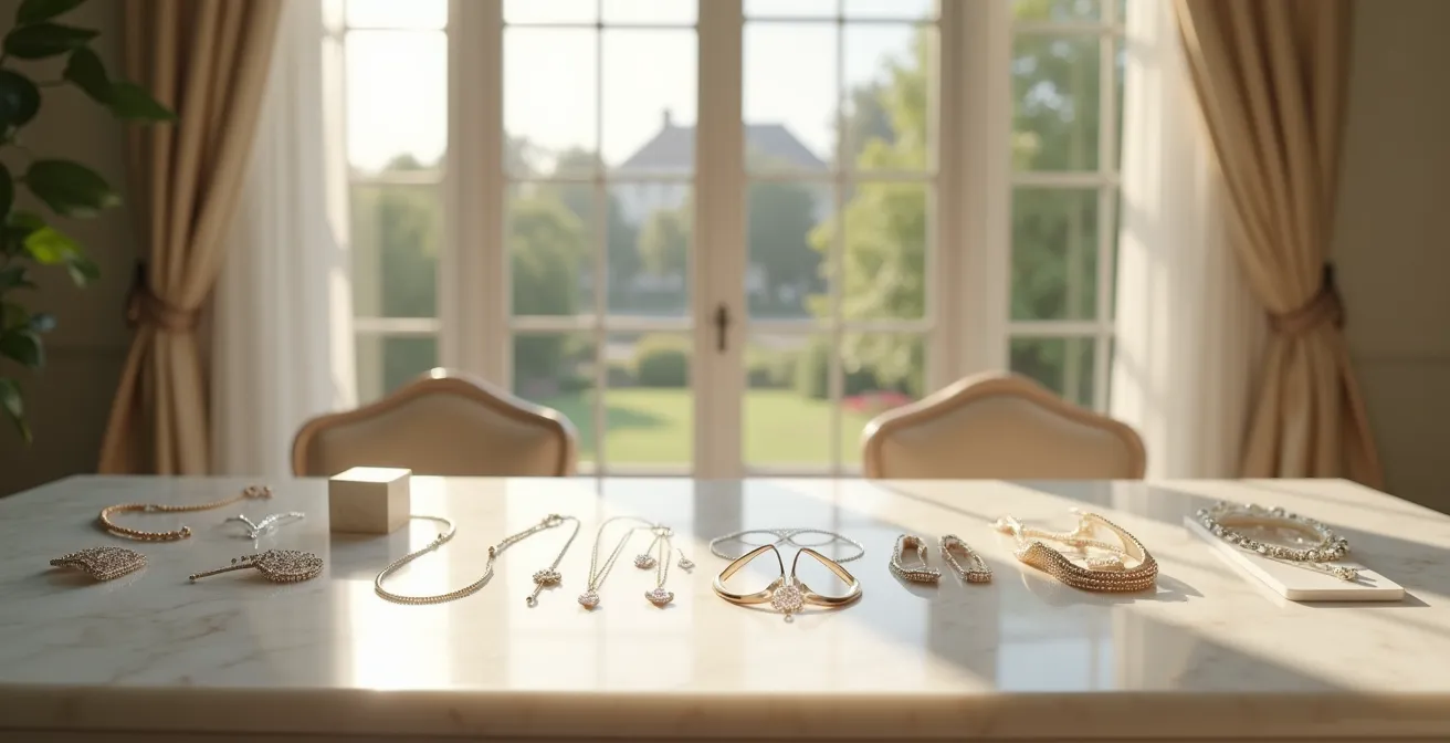 Vista amplia de una suite nupcial con accesorios de novia organizados para el cambio de look