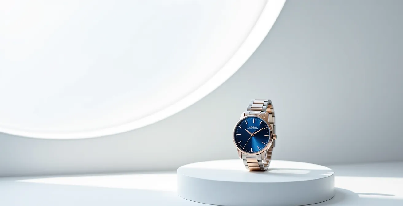 Vista lateral de cristal de zafiro mostrando el sutil tono azulado del tratamiento antirreflejos