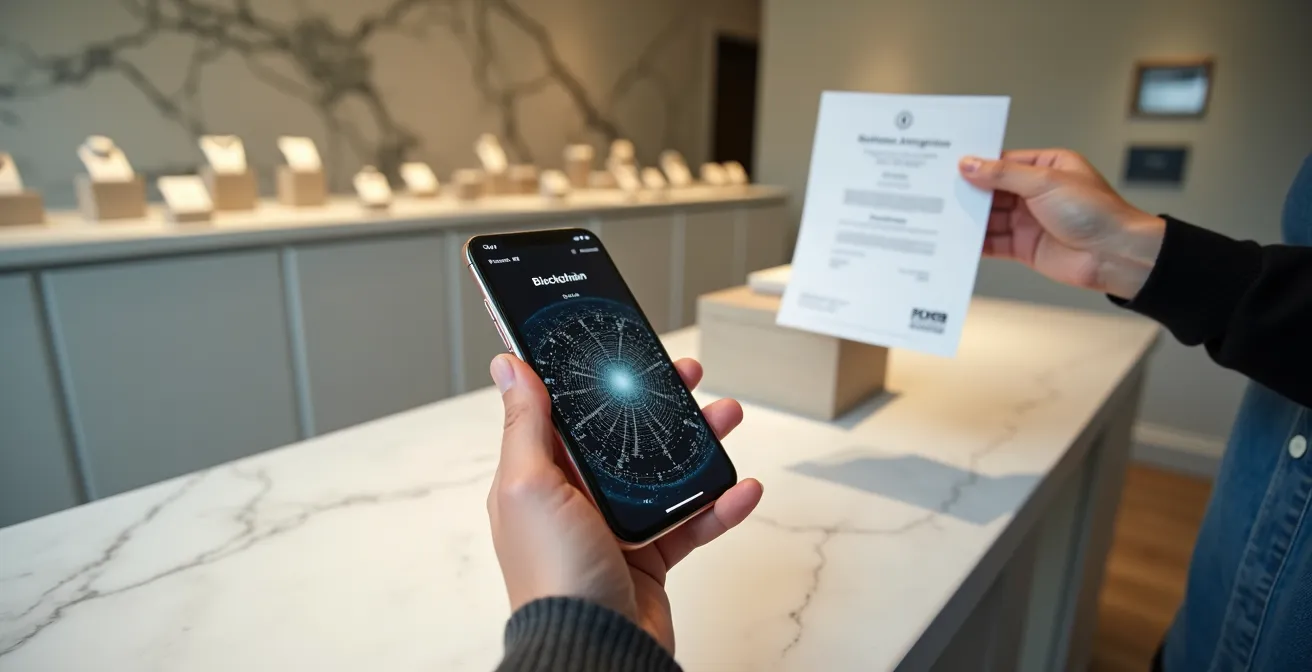 Mano sosteniendo smartphone mostrando blockchain de trazabilidad junto a certificados de joyería